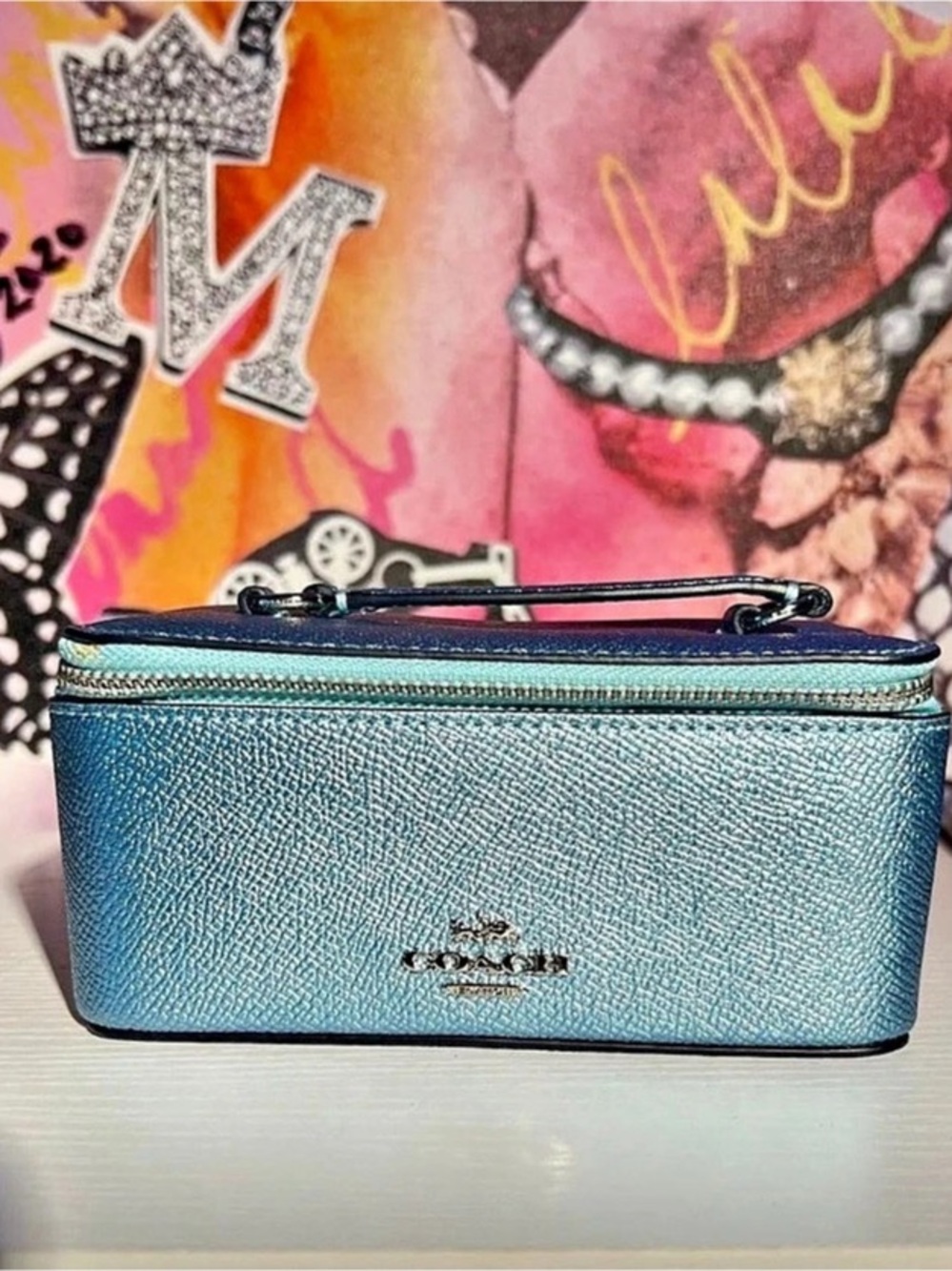 Coach Mini Vanity Jewelry Leather Case- Metallic Sky Blue
